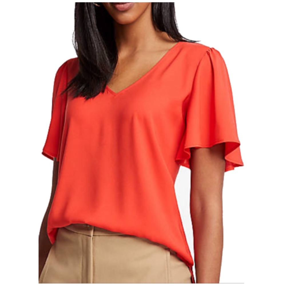 Hottest color! NWT! Ann Taylor V-Neck Flutter Sleeve Top  tee shirt orange red M